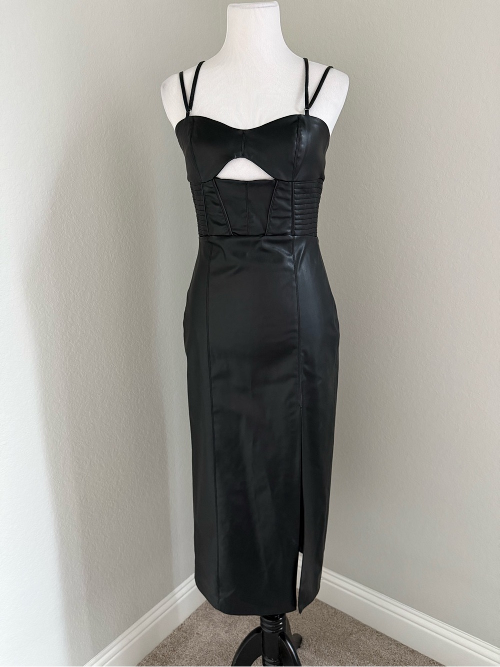 Zara Black Faux Leather Midi Dress with Cutout Bust